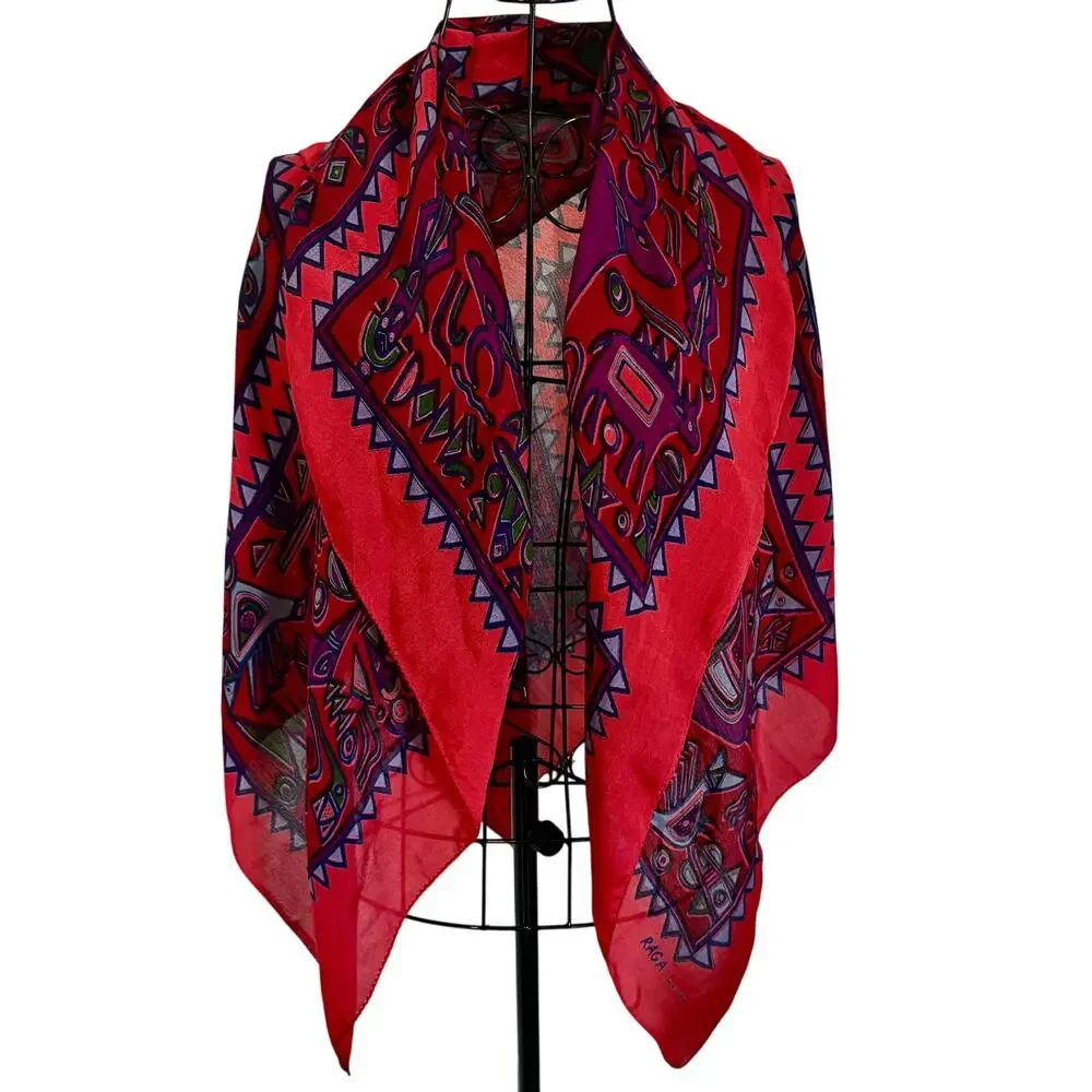 RAGA NY !00% Woven Silk Scarf Wrap Shawl Native Art Southwest Boho Lagenlook